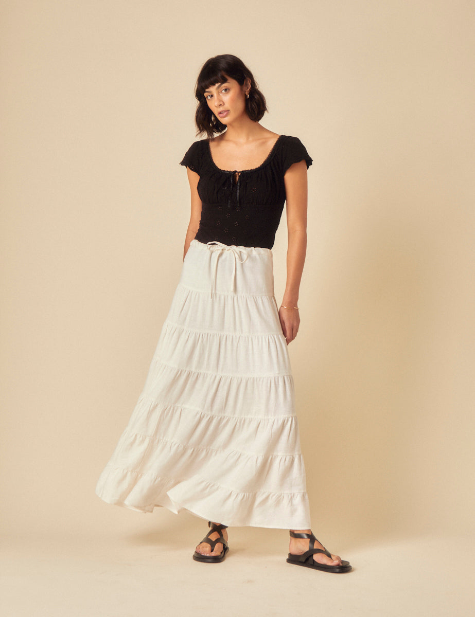 White Linen-Blend Tie Waist Tiered Skirt