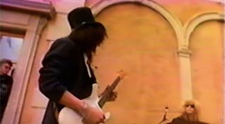 Slash plays a Stratocaster during the shoot for Guns N' Roses' "November Rain" video