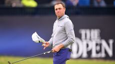 Justin Thomas of the United States celebrates after finishing his round on the 18th green on day one of The 152nd Open championship at Royal Troon on July 18, 2024 in Troon, Scotland.