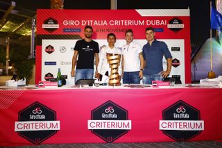 Present at the Giro d'Italia Criterium press conference in Dubai on Friday are (LroR): Filippo Ganna and Egan Bernal (Ineos Grenadiers), Elia Viviani (Cofidis) and Peter Sagan (Bora-Hansgrohe)