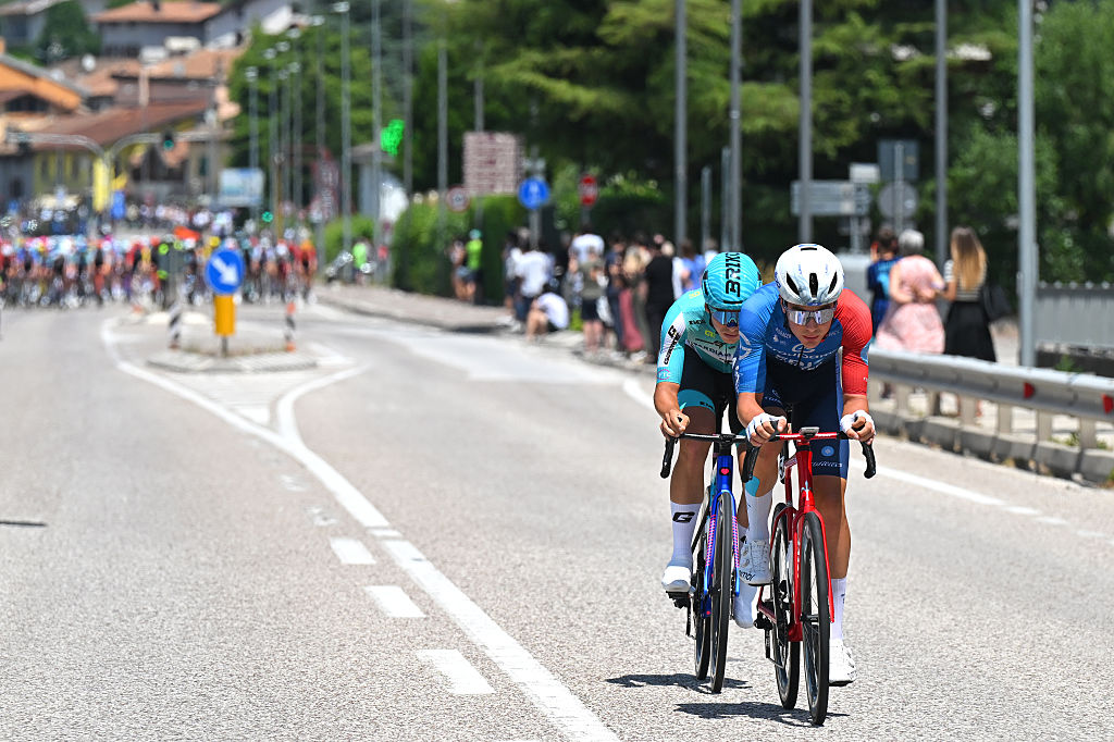 FAI DELLA PAGANELLA, ITALY - MAY 28: (L-R) Filippo Magli of Italy and Team Bardiani CSF 7 Saber and Johan Jacobs of Switzerland and Team Groupama - FDJ United attack during the 109th Giro d&amp;amp;apos;Italia 2026, Stage 18 a 171km stage from Fai della Paganella to Pieve di Soligo / #UCIWT / on May 28, 2026 in Fai della Paganella, Italy. (Photo by Tim de Waele/Getty Images)