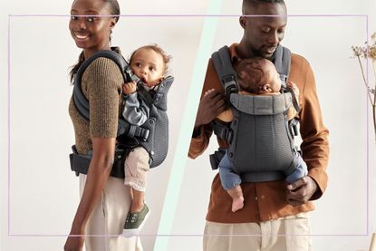An image of two parents carrying a baby in the BabyBjorn Harmony Baby Carrier