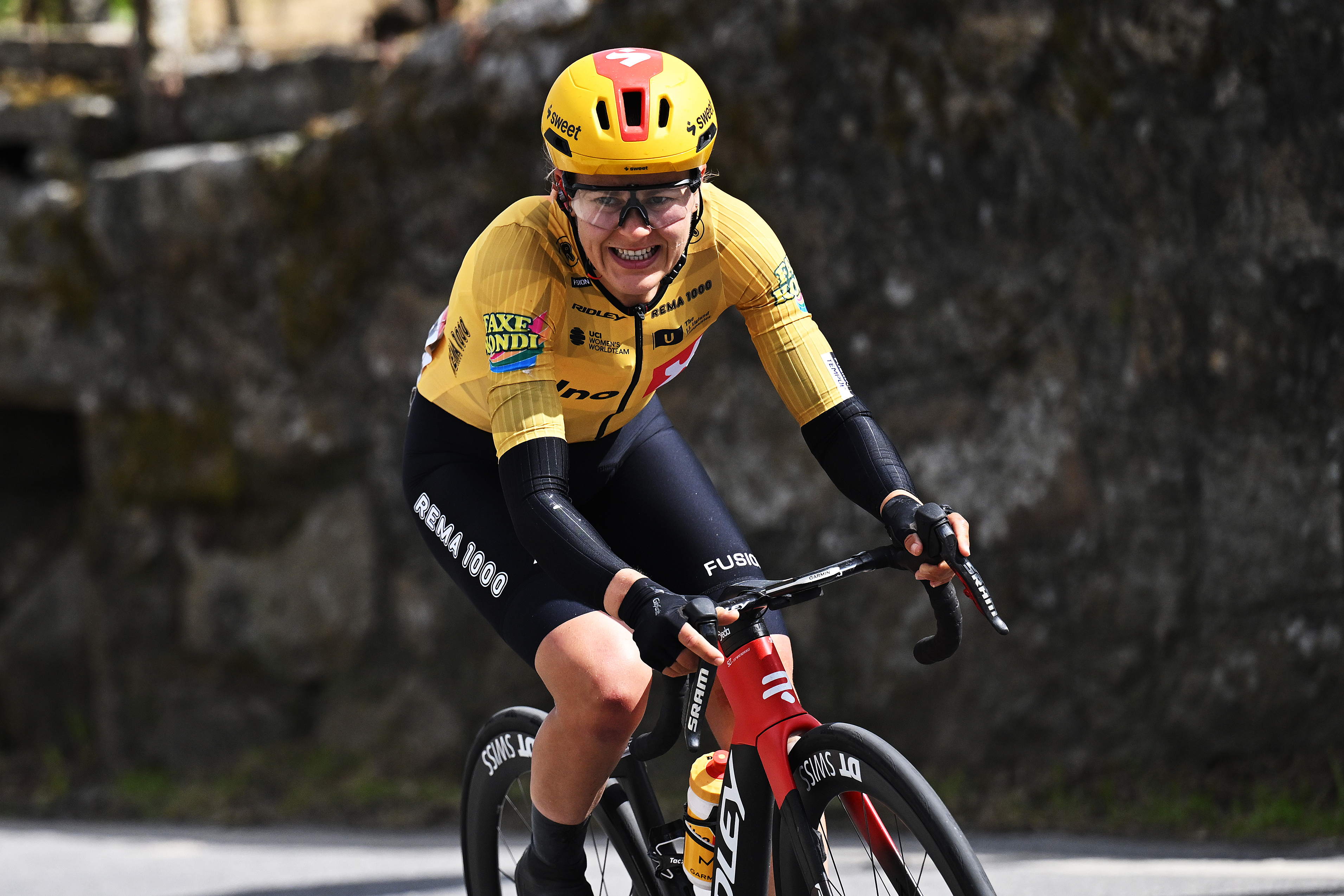 SAN-CIBRAO-DAS-VINAS, SPAIN - MAY 04: Katrine Aalerud of Norway and Team Uno-X Mobility competes in the breakaway during the 12th La Vuelta Femenina 2026, Stage 2 a 109.8km stage from Lobios to San Cibrao das Vinas / #UCIWWT / on May 04, 2026 in San Cibrao das Vinas, Spain. (Photo by Szymon Gruchalski/Getty Images)