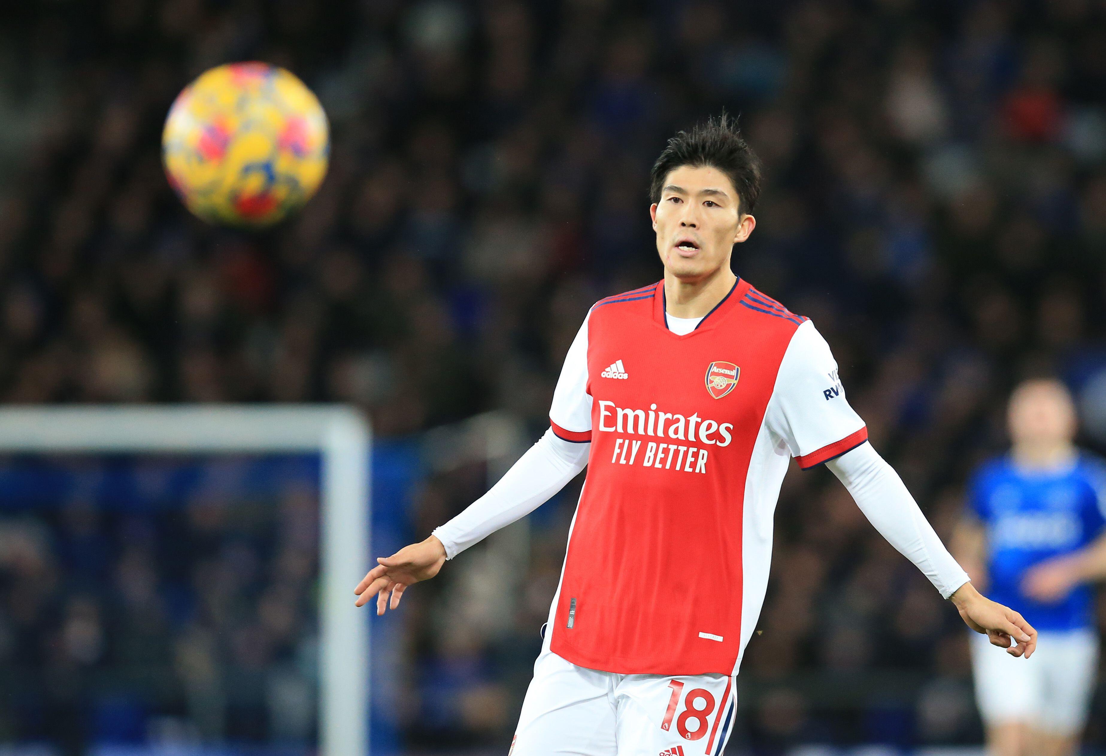 Takehiro Tomiyasu playing for Arsenal against Everton, 2021