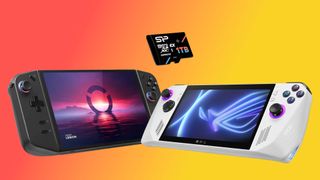 A Legion Go facing right, an ROG Ally facing left, and a 1TB Silicon Power microSD Express Card floating above them. 