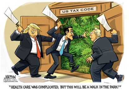 Political cartoon U.S. Trump GOP healthcare repeal and replace tax code complications