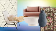 pottery barn home and furniture items on a colorful background