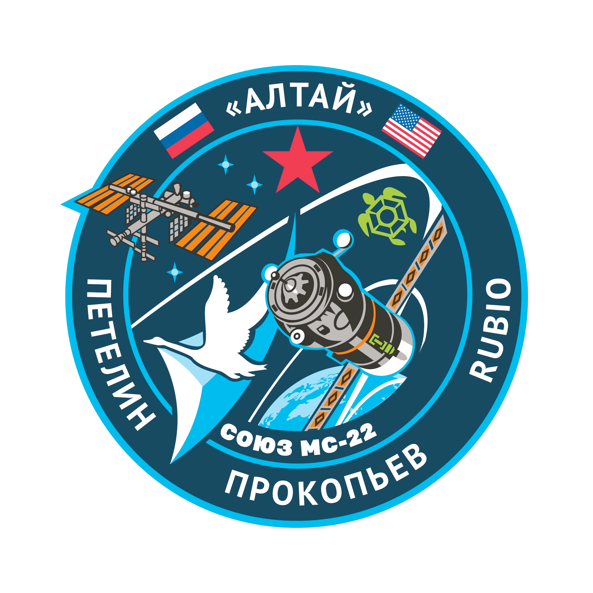 The Soyuz MS-22 mission patch has elements symbolizing each of the three crew members.