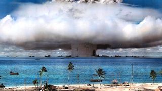 A 10-mile wide, 520-foot tall mushroom cloud rose over the Bikini atoll in the Marshall Islands on July 25, 1946, as the U.S. Navy and Army jointly detonated the Baker bomb 90 feet underwater.