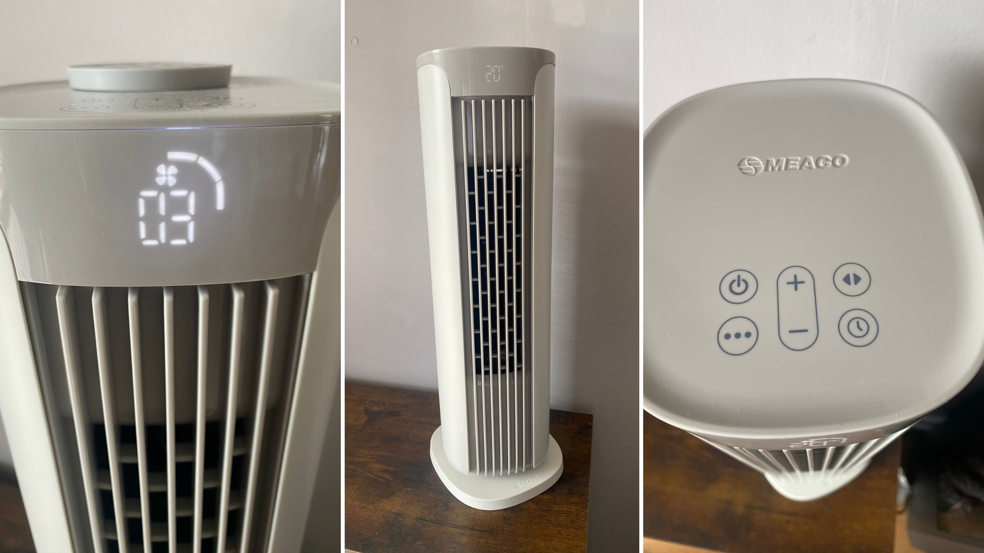 Spliced image showing the Meaco Sefte Tower Fan's display, full height and control panel