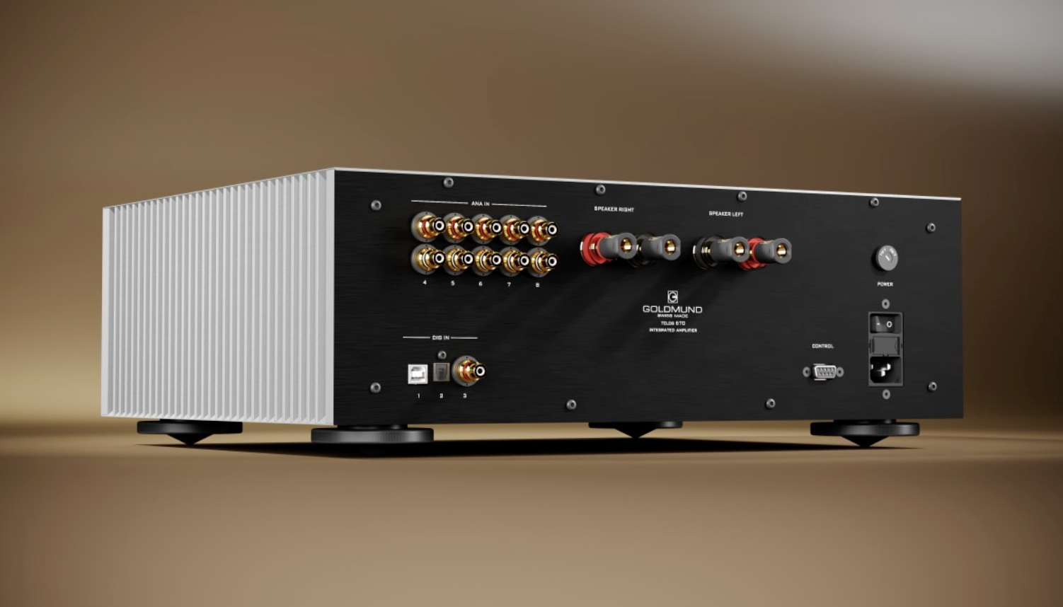 Goldmund Telos 670 integrated amplifier in silver rear panel shot