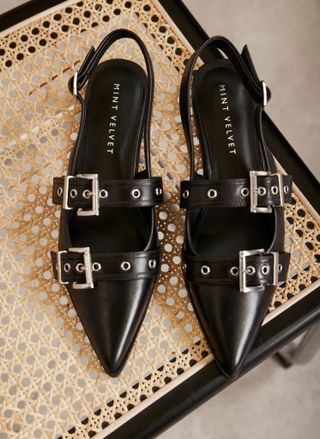 Black Leather Buckled Flat Shoes