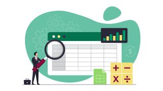 A 2D graphic depicting a Microsoft Excel spreadsheet. Behind the spreadsheet, a dark green shape with cogs on it can be seen, to represent data analysis. In one corner, a businessman holds an oversized magnifying glass to focus on highlighted cells on the spreadsheet, and in the other corner a block carries math symbols.