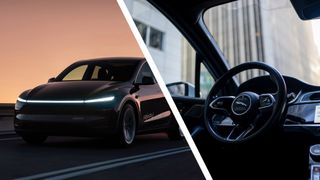 A Tesla robotaxi on the road next to the interior of a Waymo car