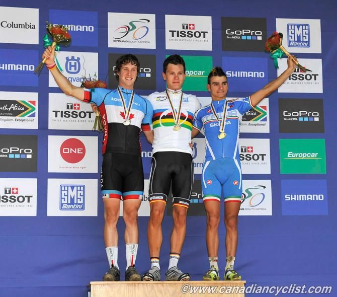 Junior men's cross country world championships podium: Peter Disera (Canada), Lukas Baum (Germany) and Gioele Bertolini (Italy)