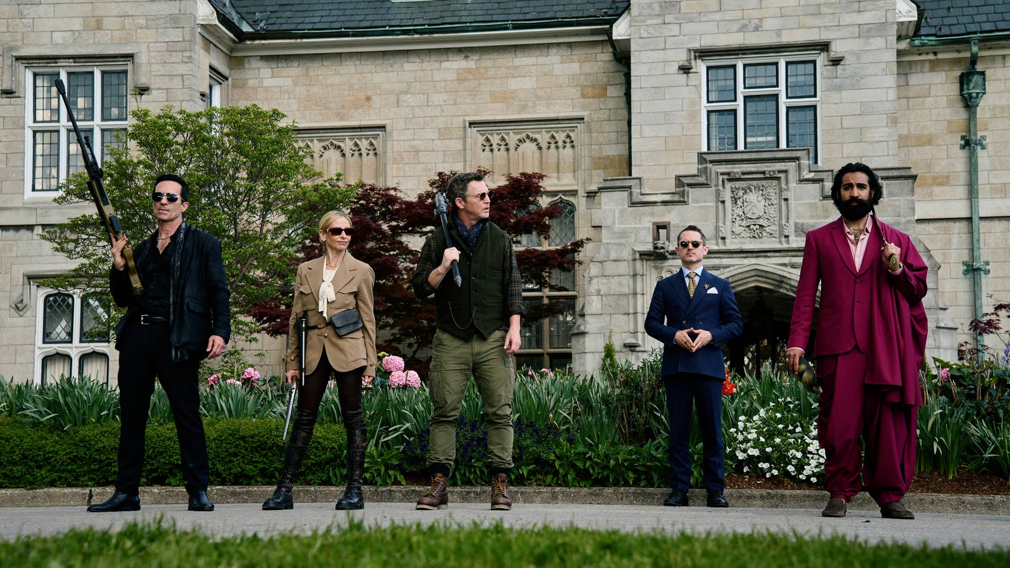 Nestor Carbonell, Sarah Michelle Gellar, Shawn Hatosy, Elijah Wood, and Nadeem Umar-Khitab in "Ready or Not 2: Here I Come" (2026)