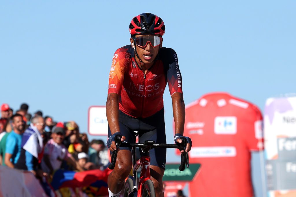 LACRUZDELINARES SPAIN SEPTEMBER 14 Egan Bernal of Colombia and Team INEOS Grenadiers crosses the finish line during the 78th Tour of Spain 2023 Stage 18 a 1789km stage from Pola de Allande to La Cruz de Linares 840m UCIWT on September 14 2023 in La Cruz de Linares Spain Photo by Alexander HassensteinGetty Images