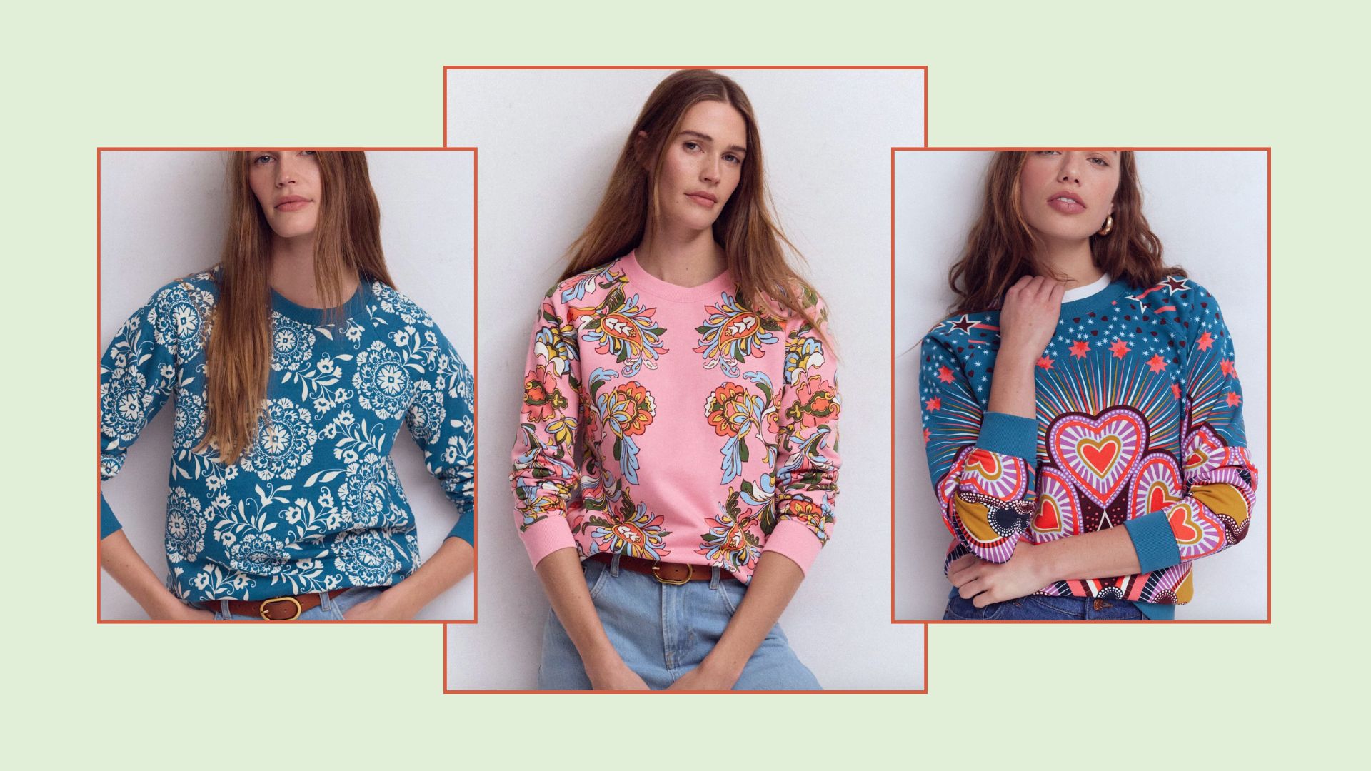 three models wearing printed sweatshirts by boden