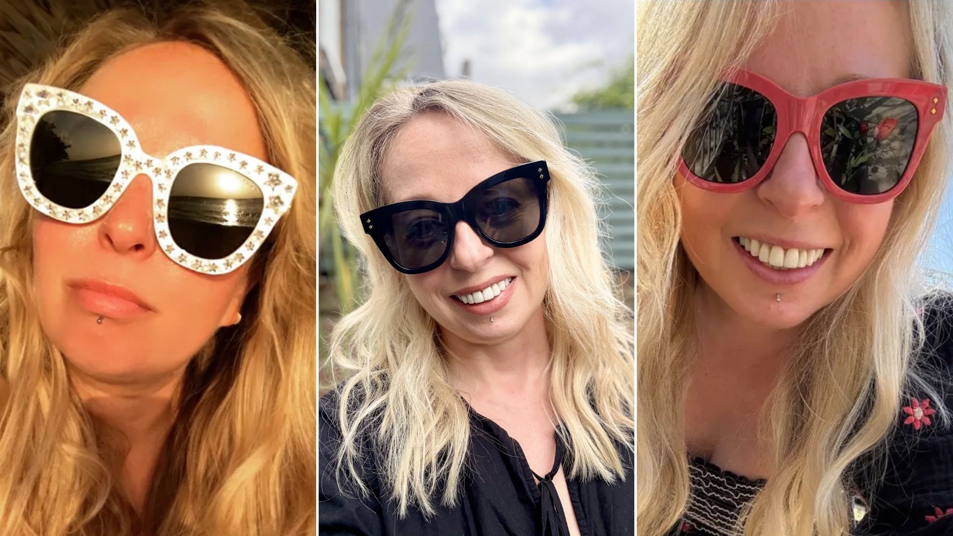 3 images of Antonia Kraskowski wearing Gucci cat's eye sunglasses