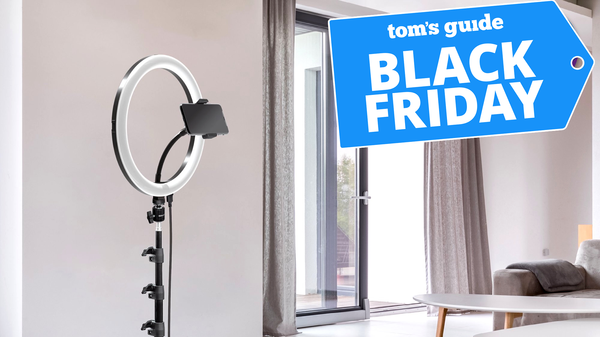 Bower 12-inch ring light promo image with black friday tag superimposed