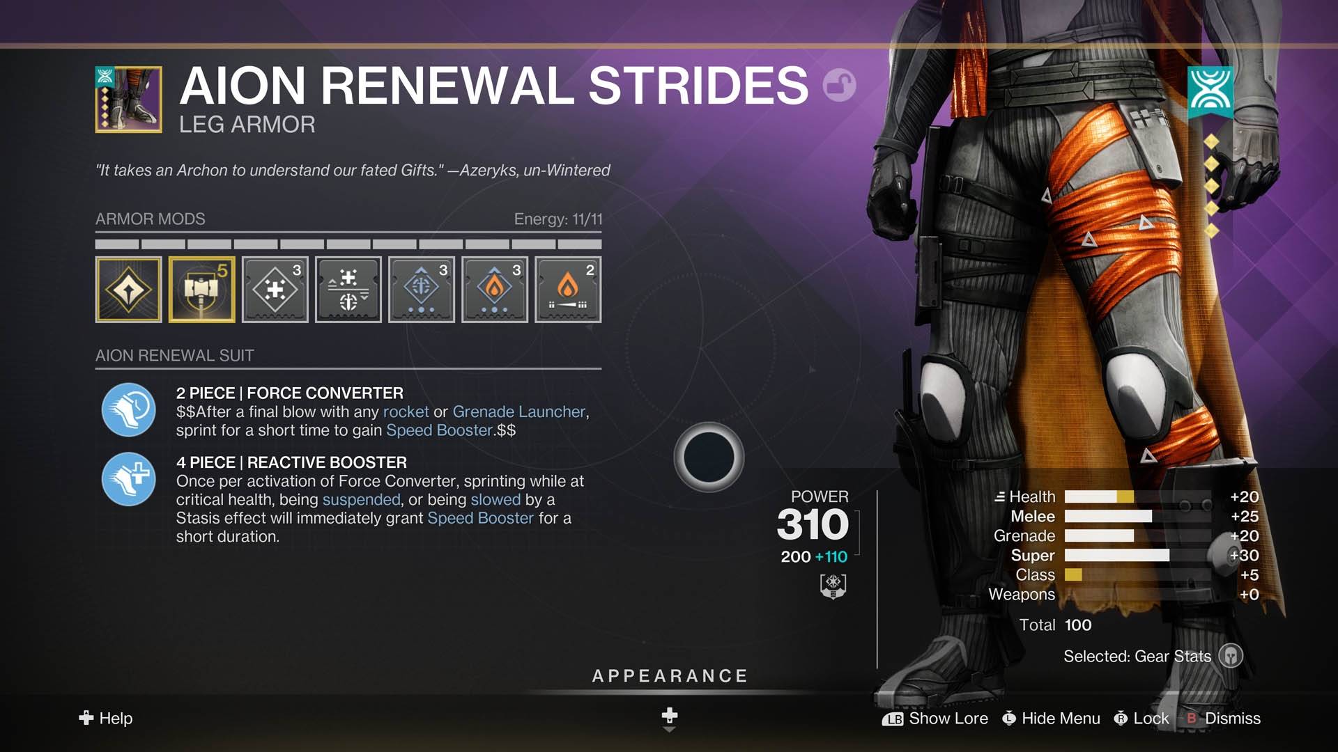 Destiny 2 Gear Tiers edge of fate aion renewal strides hunter leg armor at tier 5