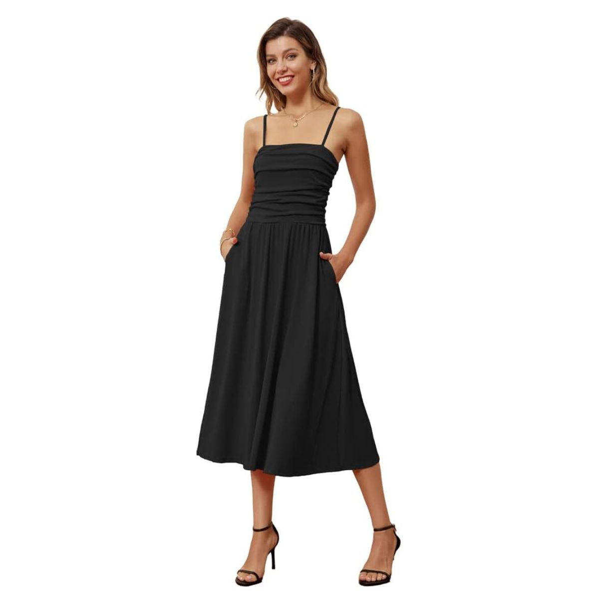 Grace Karin Women Summer Dresses Spaghetti Loose Casual Plain A-Line Wedding Prom Dress Holiday Beach Black L