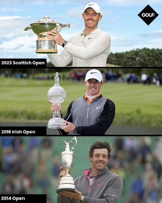 Rory McIlroy holding three trophies