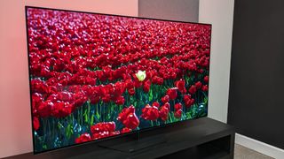 Philips OLED809 with red flowers on screen with red ambilight