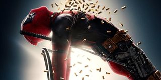 Deadpool under a rain of bullet casings