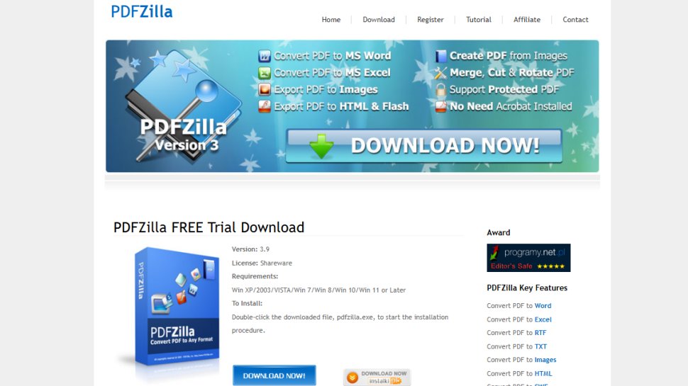 Website screenshot of PDFZilla (August, 2025)