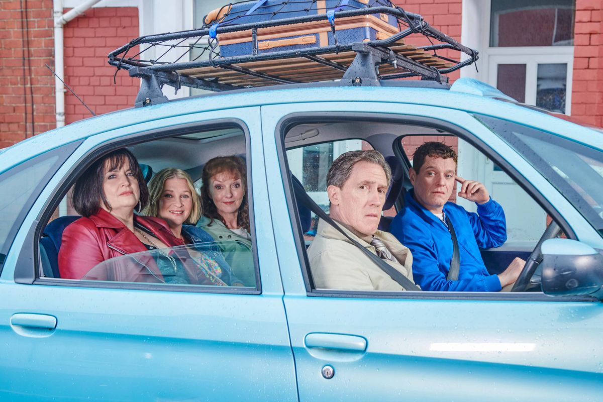 Gavin &amp; Stacey Christmas special 2024 Bryn, Gavin, Nessa, Stacey and Gwen in a car