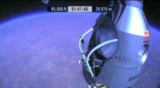 This still image of a Red Bull Stratos webcast shows the capsule carrying daredevil Felix Baumgartner up 23 miles (37 km) to make the world's highest skydive, a supersonic leap, above Roswell, N.M., on Oct. 14, 2012.