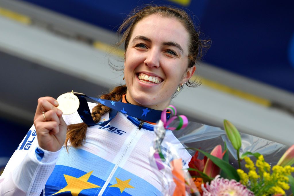 COL DU VAM DRENTHE NETHERLANDS NOVEMBER 07 Gold medalist Shirin Van Anrooij of Netherlands poses on the podium during the medal ceremony after the 19th UEC European Cyclocross Championships 2021 Womens U23 EuroCross21 UECcycling on November 07 2021 in Col du Vam Drenthe Netherlands Photo by Luc ClaessenGetty Images