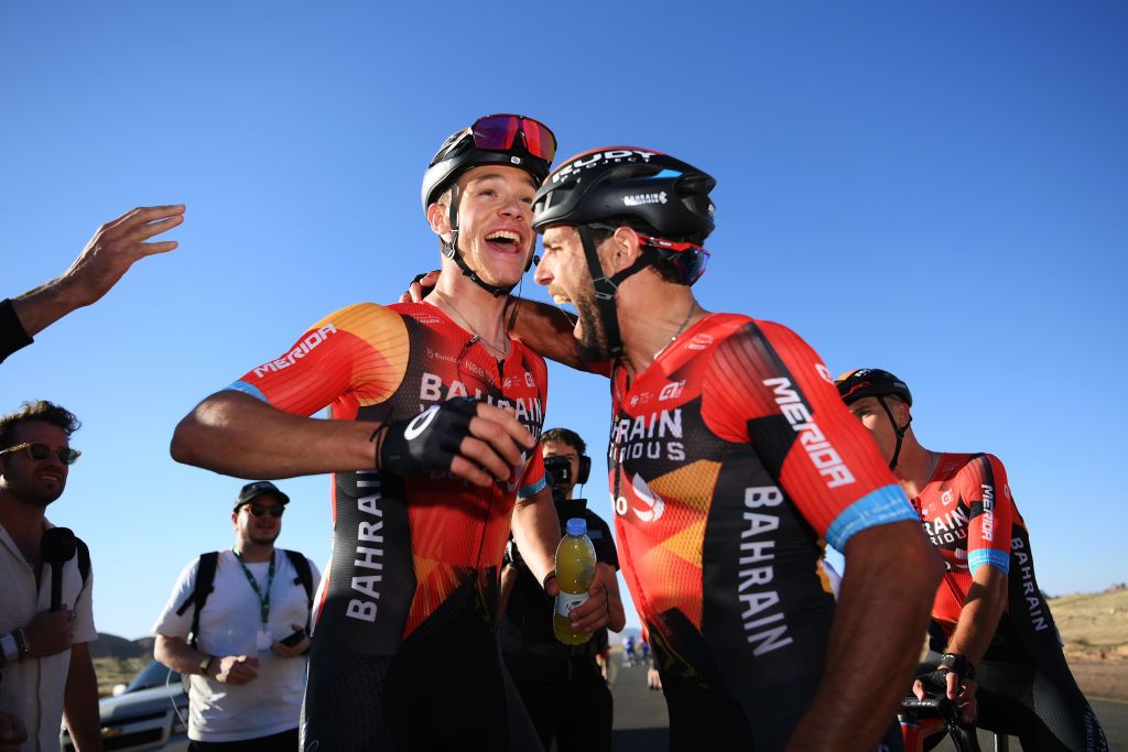 Jonathan Milan celebrates winning stage 2 of the Saudi Tour