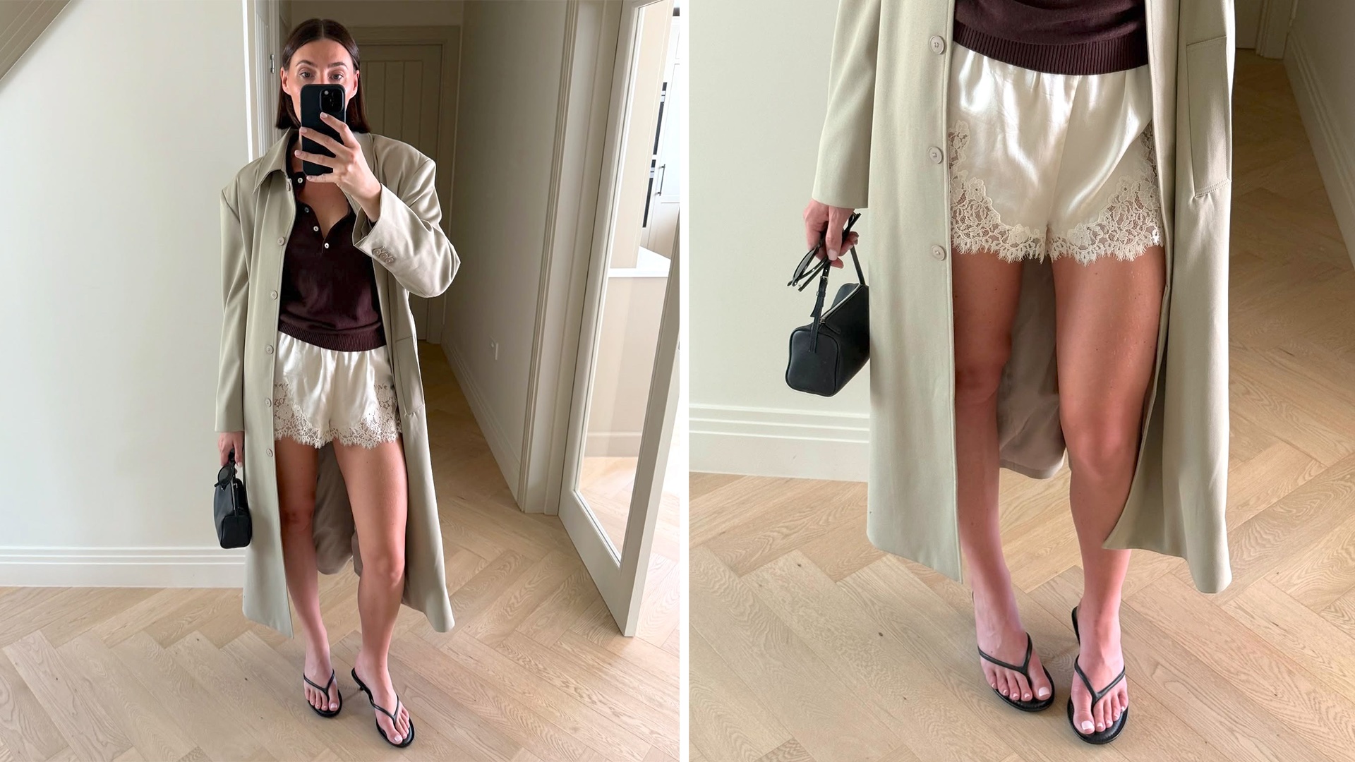 British style influencer Sarah Louise Blythe poses for a mirror selfie wearing a trench coat, brown top, satin lace shorts, mini black bag, and black flip-flop kitten heel sandals