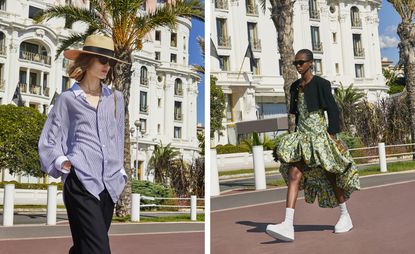 Side-by-side photos of models wearing Celine S/S 2022 womenswear show runway on a promenade in Nice. Left: model wearing a loose fit blue shift and black trousers with a sun hat. Right: model wearing a green flowery-style dress with white trainers and a black cardigan. 