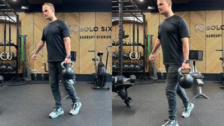 Ollie Thompson demonstrates two positions of the suitcase carry using a kettlebell