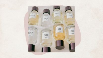 Image of the eight bottles of M&S Studio Fragrances on a beige background with a mauve circle detail
