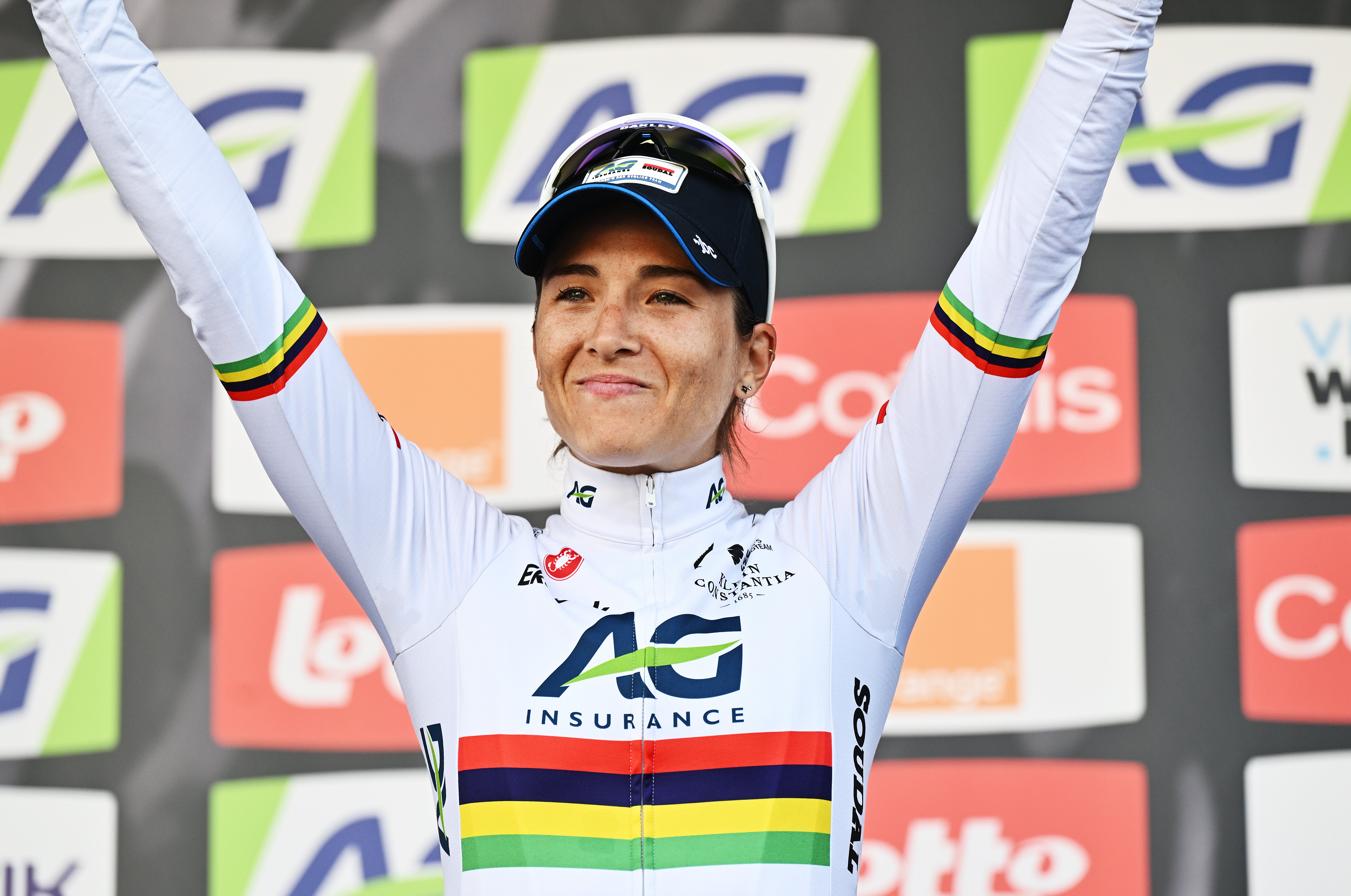 LIEGE, BELGIUM - APRIL 27: Kim Le Court of Mauritius and AG Insurance-Soudal Team celebrates at podium as race winner during the 9th Liege - Bastogne - Liege Femmes 2025 a 152.9km one day race from Bastogne to Liege / #UCIWWT / on April 27, 2025 in Liege, Belgium. (Photo by Luc Claessen/Getty Images)
