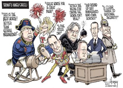 Political Cartoon U.S. Donald Trump inner circle Steve Bannon Kellyanne Conway