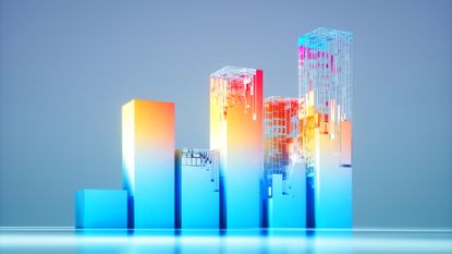 A CGI bar chart, half-constructed from digital lines and shapes, to represent a 'buy vs build' AI strategy. The bars are light blue but glowing orange and red as they are constructed.