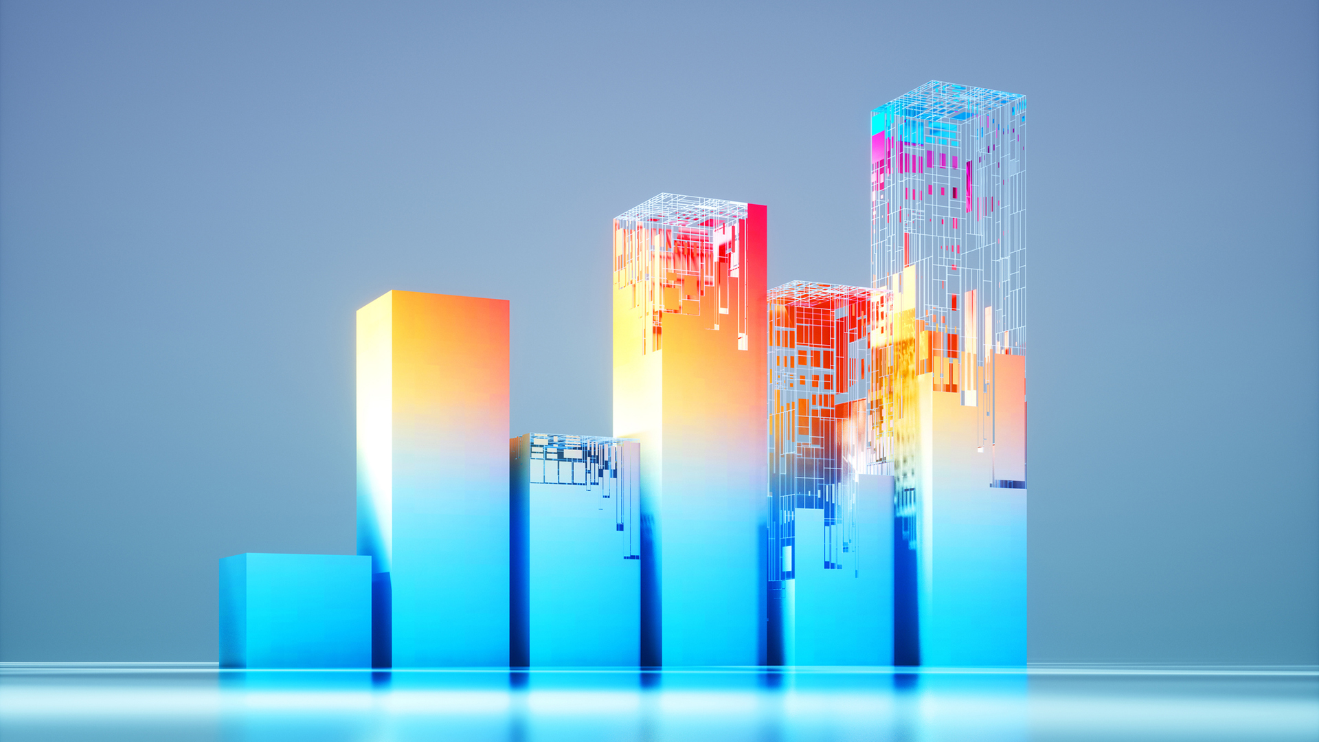 A CGI bar chart, half-constructed from digital lines and shapes, to represent a 'buy vs build' AI strategy. The bars are light blue but glowing orange and red as they are constructed.