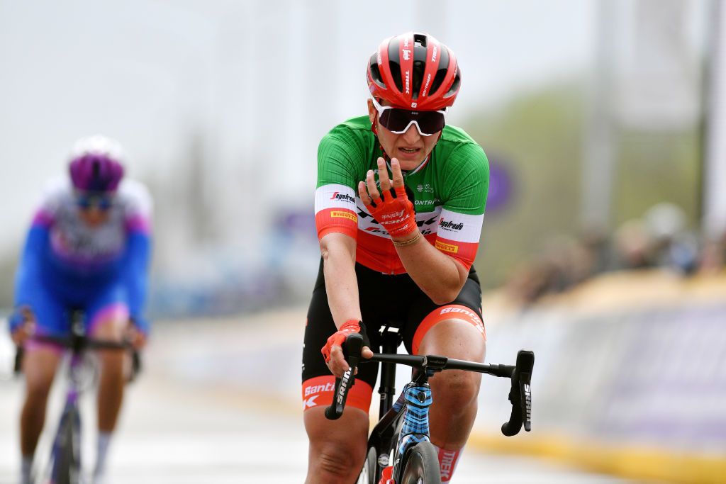WAREGEM BELGIUM MARCH 30 Elisa Longo Borghini of Italy and Team Trek Segafredo reacts after cross the finishing line during the 10th Dwars door Vlaanderen 2022 Womens Elite a 120km one day race from Waregem to Waregem DDV22 DDVwomen on March 30 2022 in Waregem Belgium Photo by Luc ClaessenGetty Images