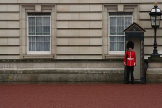 A guard stands outside of Buckingham Palace, London