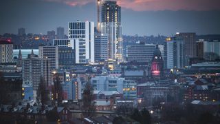 Leeds, home to the AtlasEdge data center campus, pictured at dusk with city center skyline in background.
