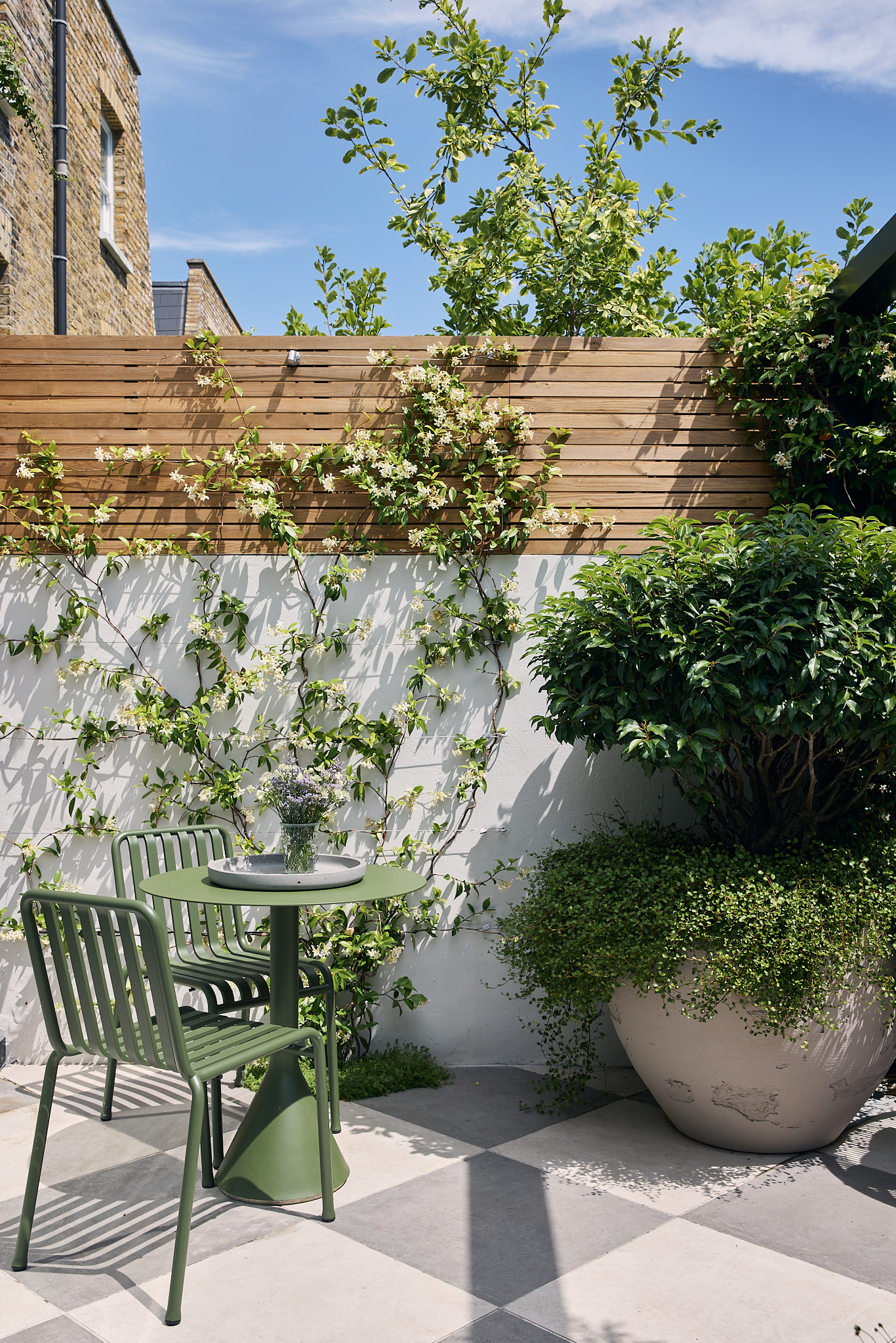 a modern garden filled with plants with a large checkerboard floor