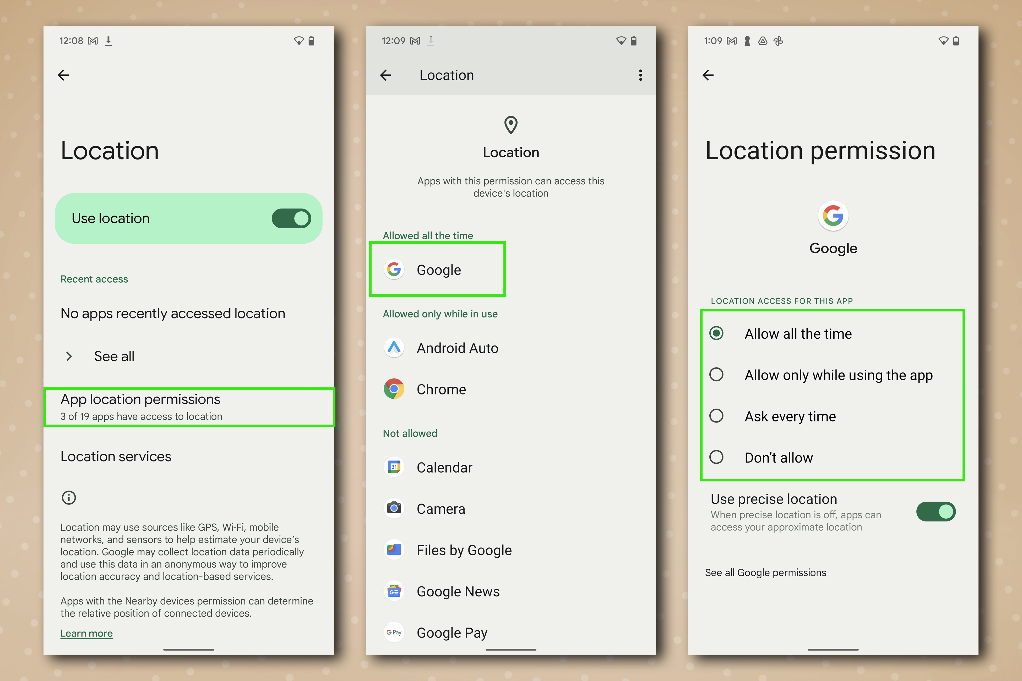 The Android app locations menu on a Google Pixel