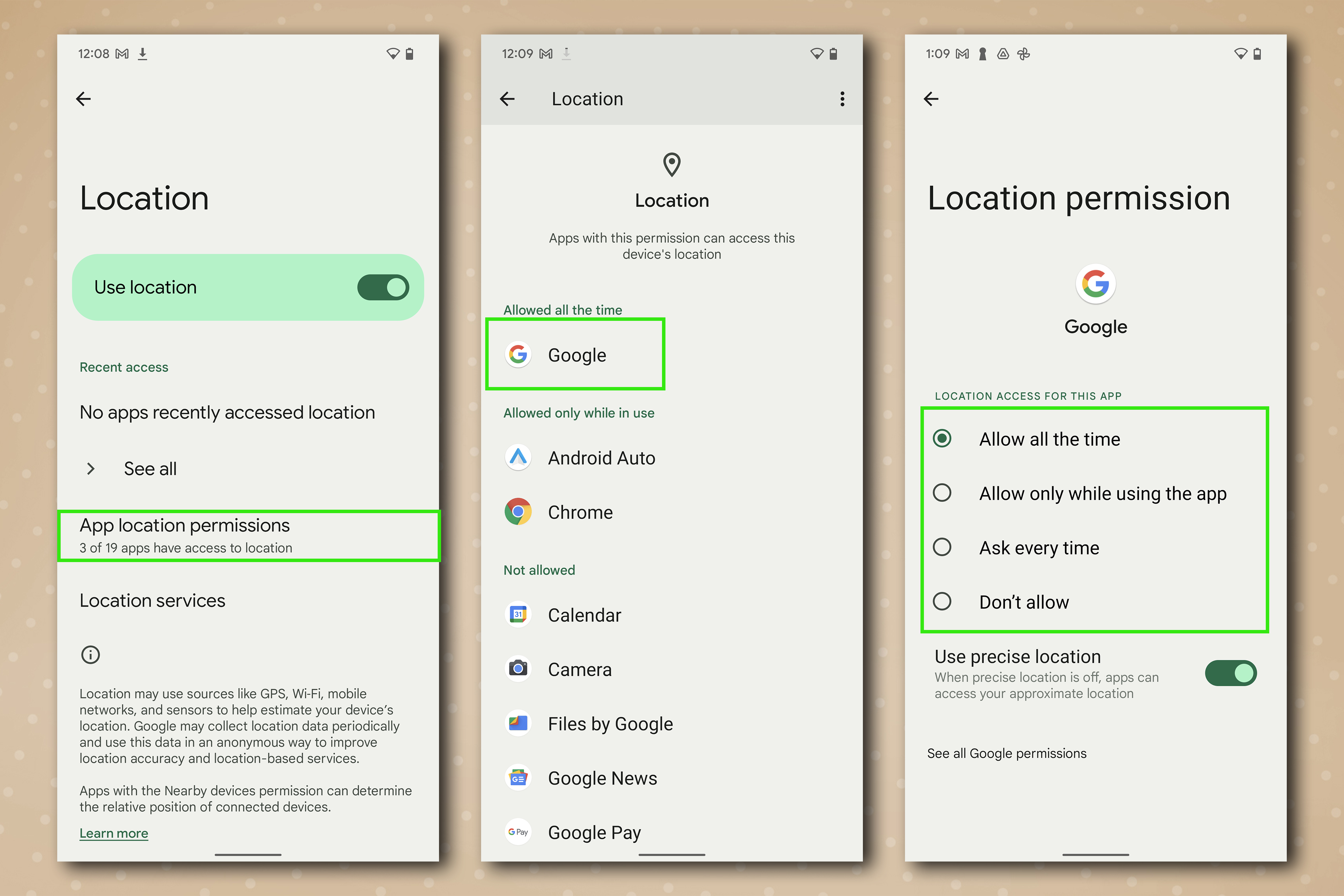 O menu de locais de aplicativos Android em um Google Pixel