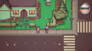 Discounty screenshot of the player character shopkeeper, who has long purple hair and a pink top, following their Aunt Teller through the harbor town of Blomkest