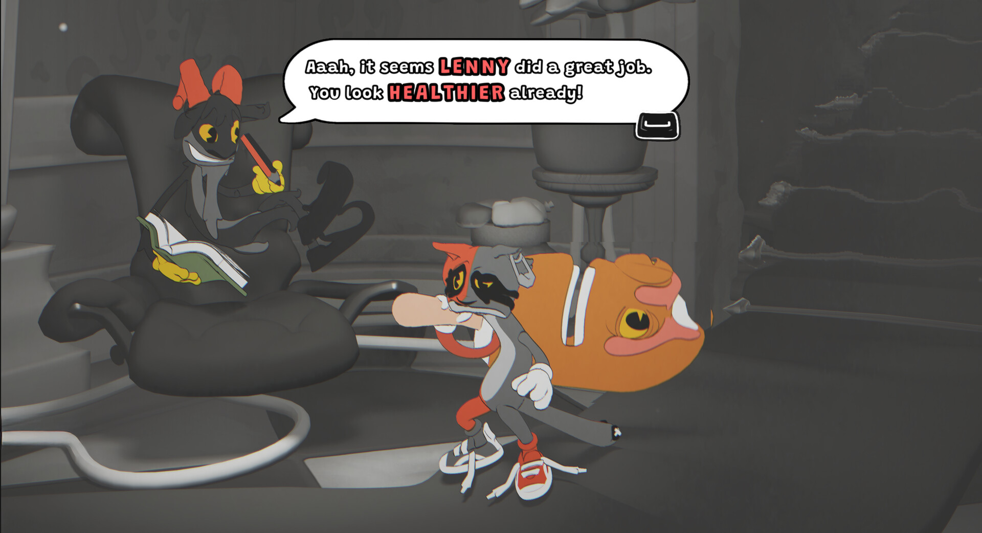 Into the Unwell promotional screenshot of a cat with mismatched shoes and runny black eye makeup talking to a therapist goat in a clinical examination room